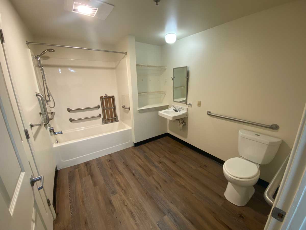 Sink, toilet, and bathtub shower in bathroom