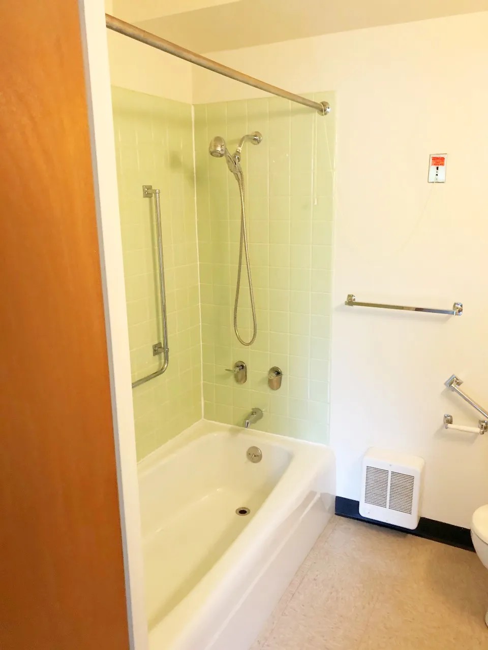 Bathroom shower and tab with accessible grab bars