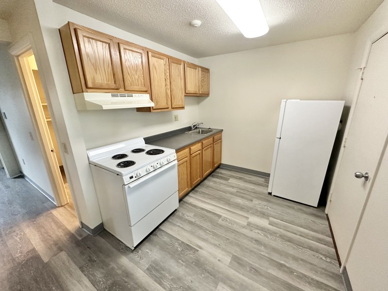 Kitchen cupboards, sink and refridgerator